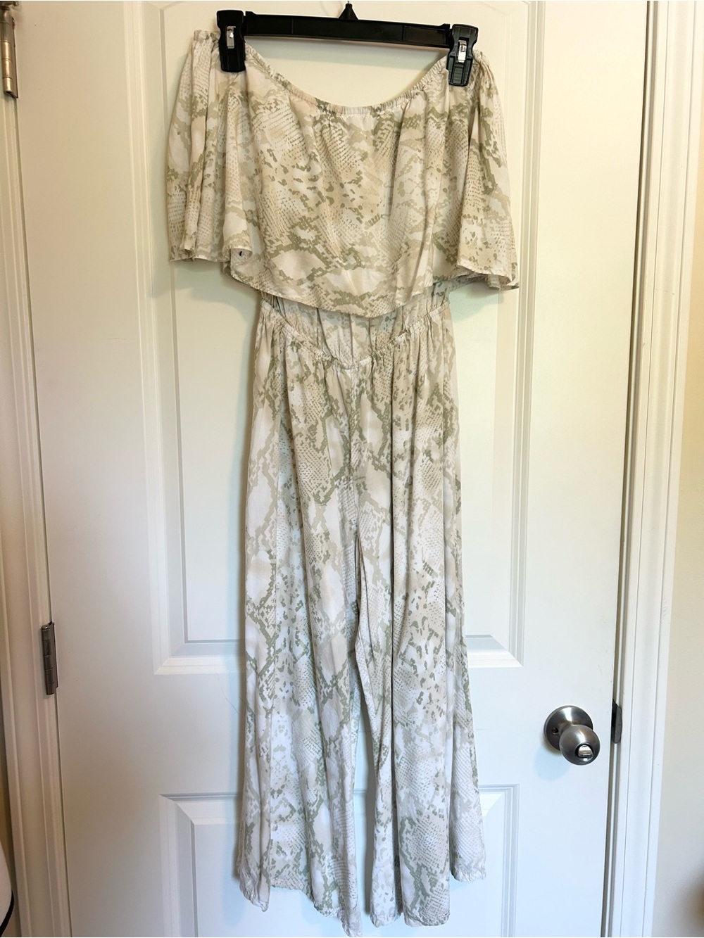 Karlie Cream and Sage Snake-Print Off-Shoulder jumpsuit romper